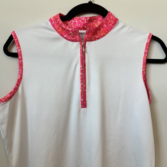 Pebble Beach Size Medium (M) Women's White Golf Polo Shirt with Pink Floral Trim - Picture 3 of 4